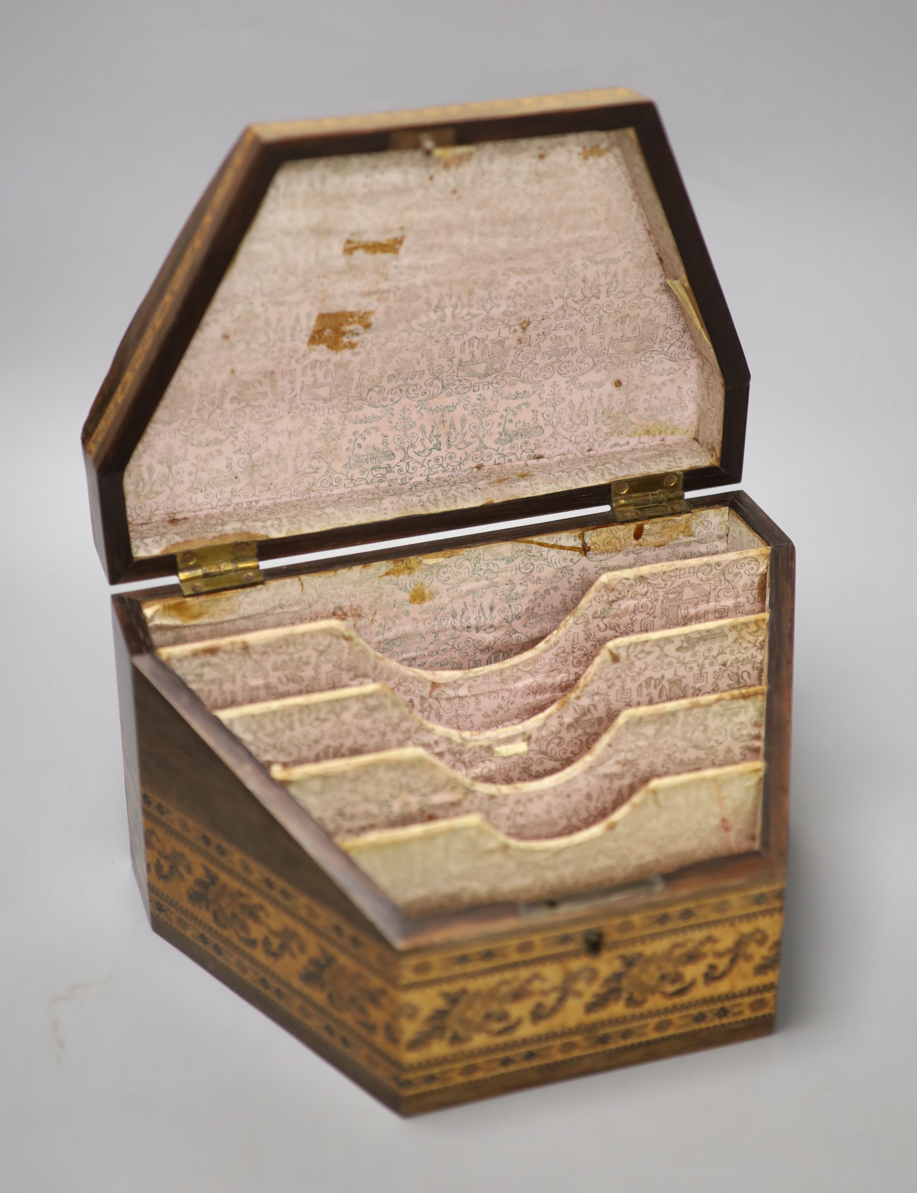 A Tunbridge Ware rosewood stationery box, the hinged sloping top butterfly and satinwood inlaid, W 22cm (max), H 13.5cm D 15cm